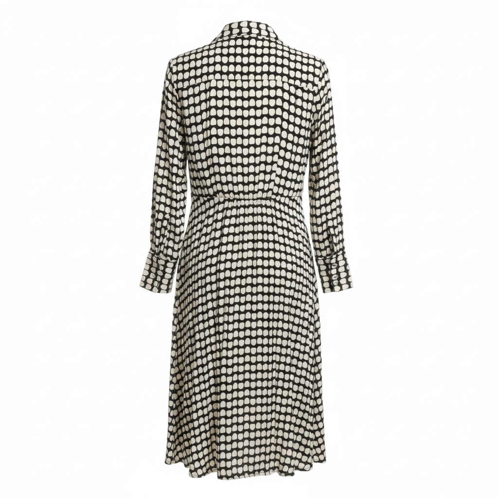 VESTIDO SKATIE BRAND BRANCO E PRETO PADRÃO BOLAS AJUSTE TRASEIRO ELÁSTICO PUNHOS BOTÕES ZIPER FRONTAL LONGO