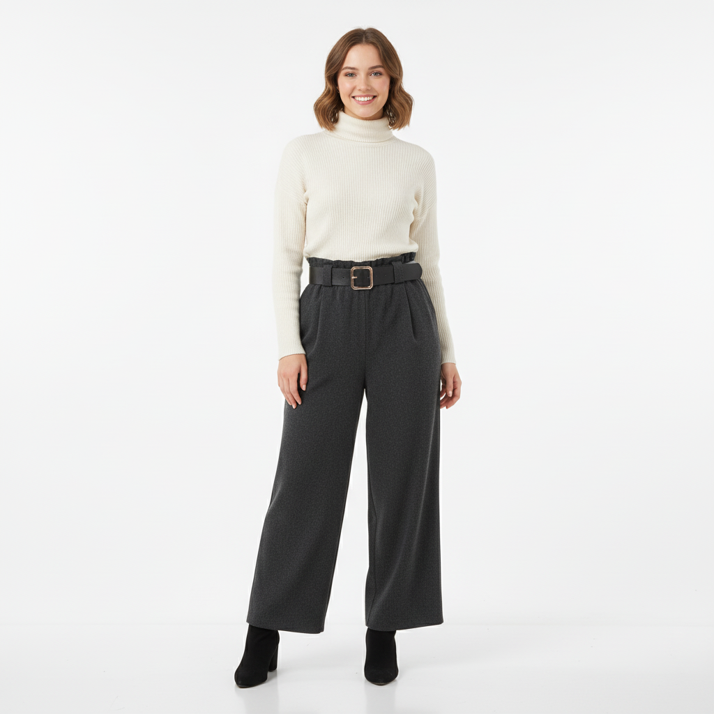 CALÇA FLAIR CAMILLE FRANCE CINZA ASLFATO CINTO PRETO FIVELA DOURADA