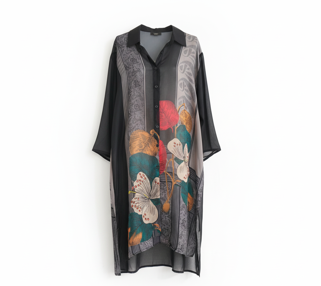 CONJUNTO CAMISA CUMPRIDA BOTOES PADRÃO TROPICAL FLORES TRANSPARENTE E CALÇA ELASTICO PADRÃO TROPICAL