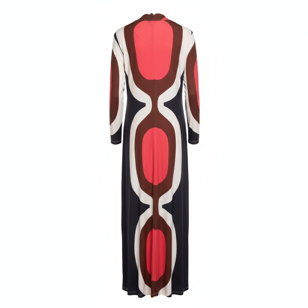 VESTIDO CAMILLE FRANCE VERMELHO PRETO CASTANHO ESCURO BRANCO FENDA FRONTAL MANGA 3/4 PADRÃO CIRCULOS LONGO