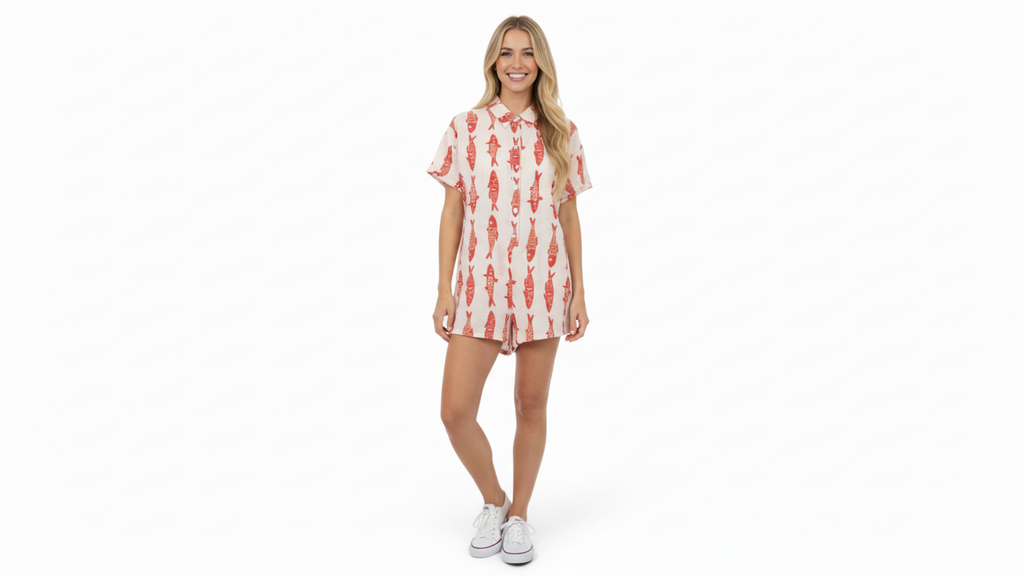 MACACÃO AMORADO CREME SHORTS ESTAMPA PEIXE BOTÕES FRONTAL BOLSOS LATERAL