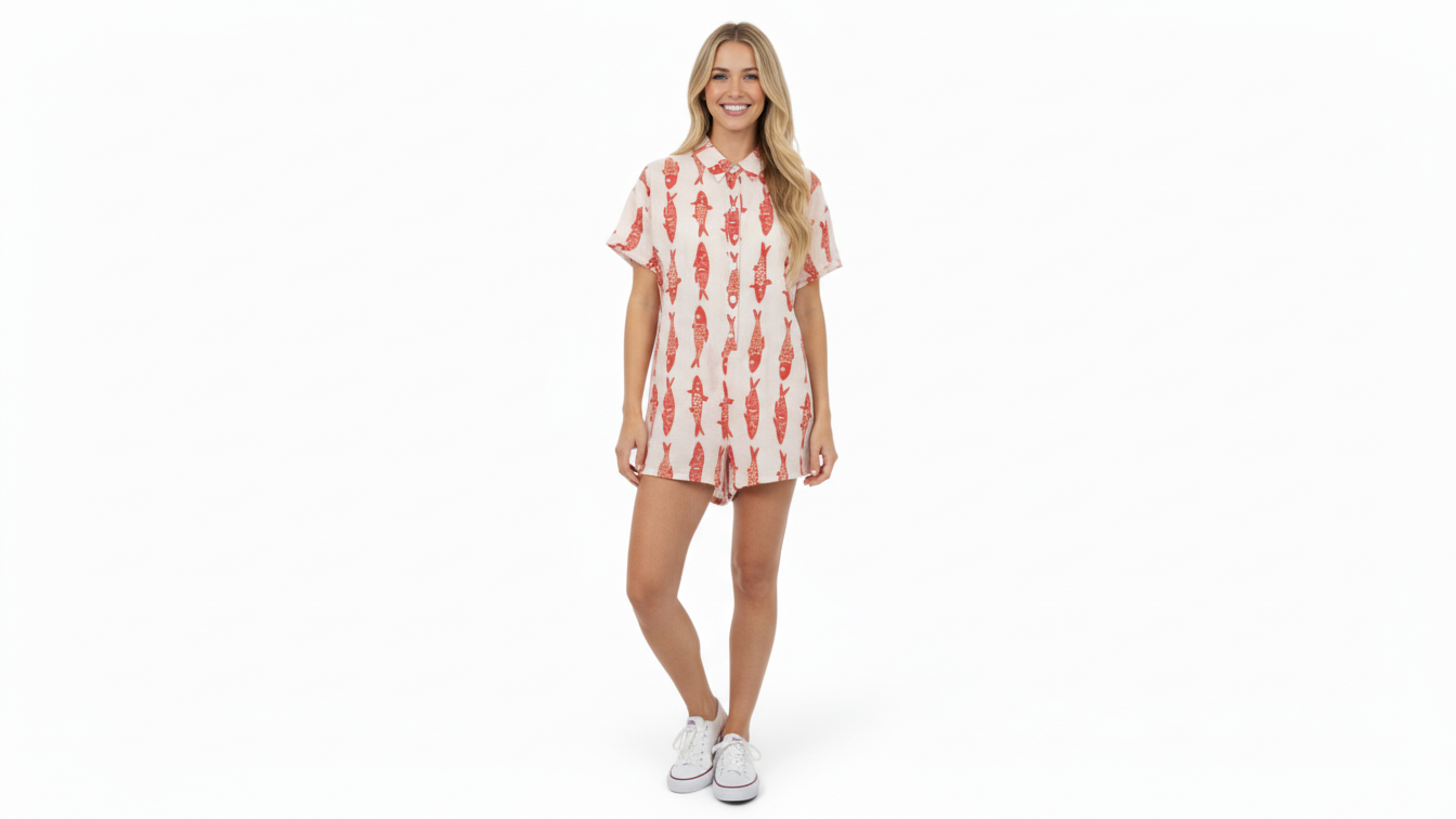 MACACÃO AMORADO CREME SHORTS ESTAMPA PEIXE BOTÕES FRONTAL BOLSOS LATERAL