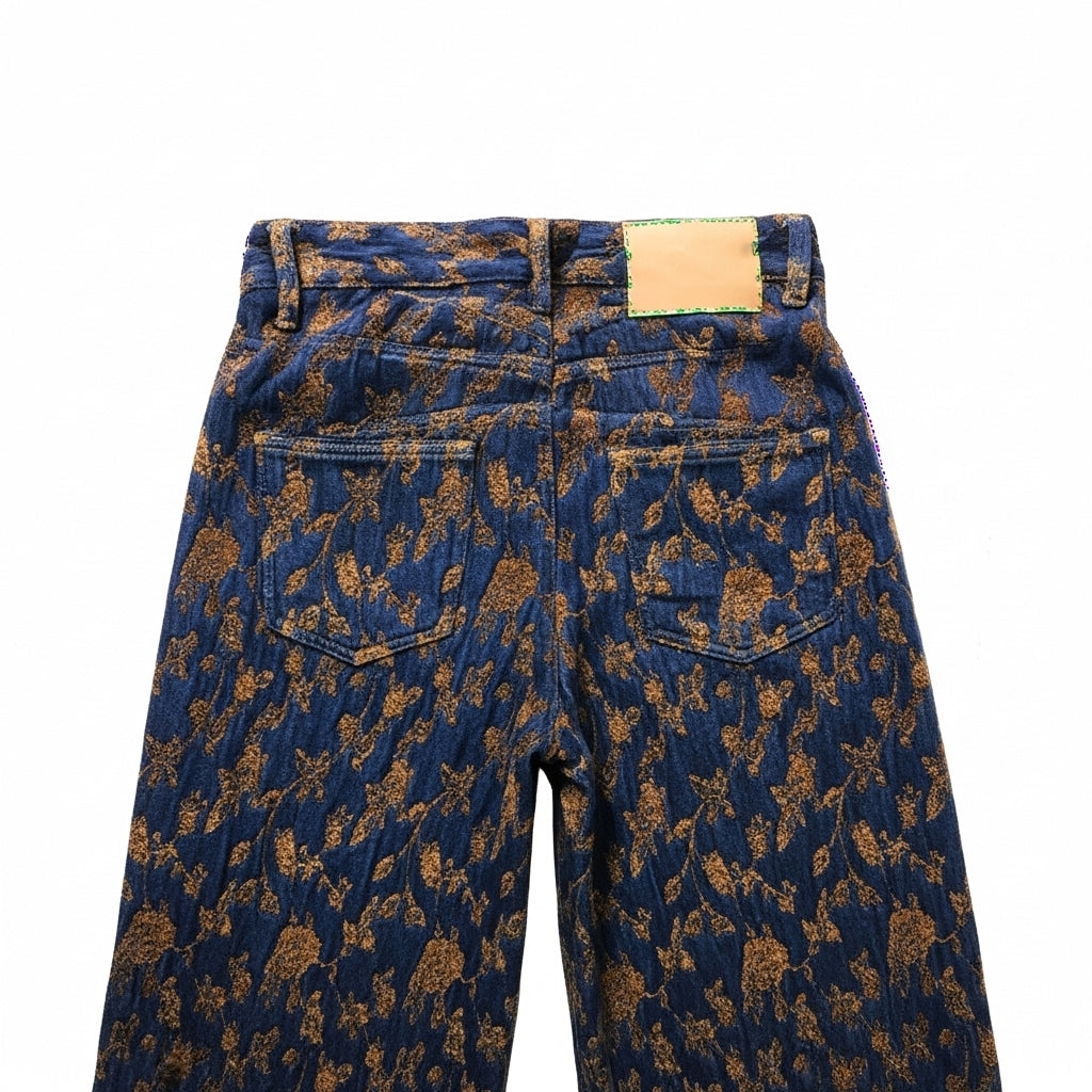 CALÇA GANGA MOCHY AZUL MARINHO ESTAMPA FLORAL FLORES CASTANHO BOLSO FRONTAL E TRASEIRO