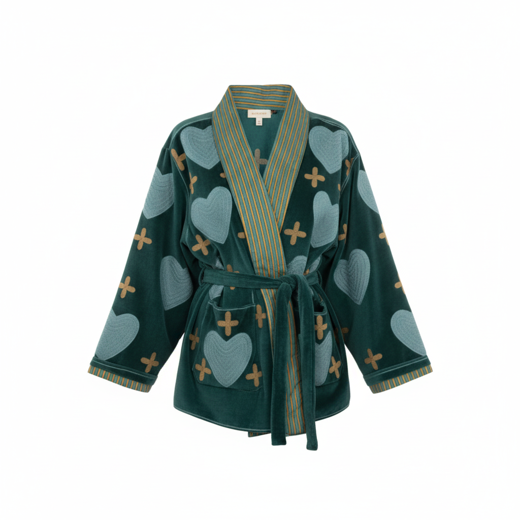 CASACO REVERSÍVEL SUMITRA VERDE ÁGUA CORAÇÕES VELUDO CINTO AMARRAÇÃO ZIPER PRATA BOLSOS FRONTAL