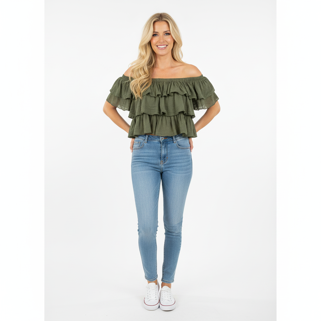 TOP CAMILLE FRANCE VERDE MILITAR CIGANINHA BABADO