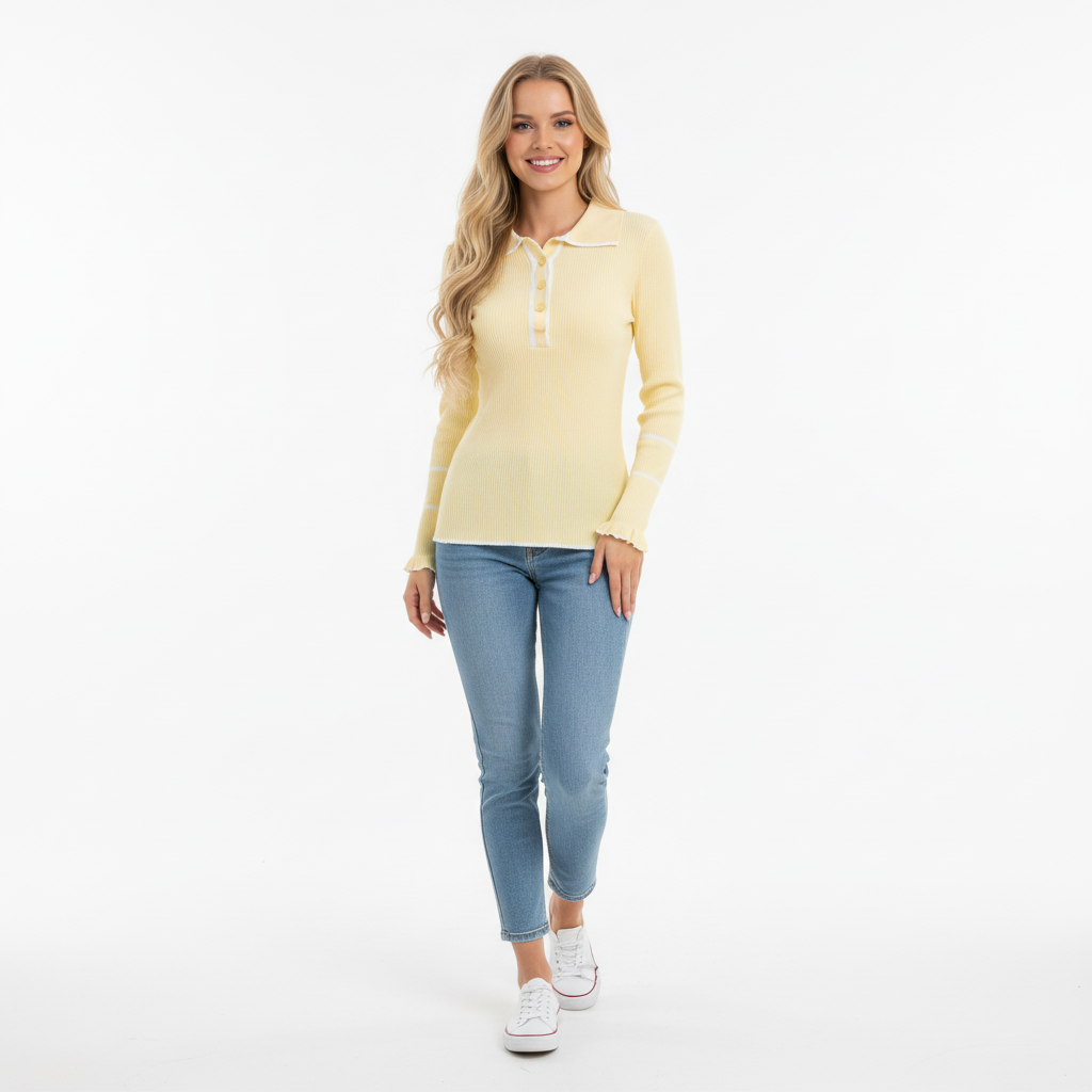 CAMISOLA MOCHY AMARELO BEBE TECIDO CANELADO BABADO PUNHO LISTRAS MANGA LONGA BOTÕES FRONTAL