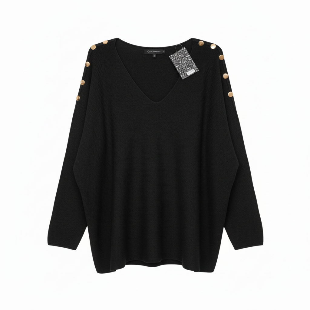 CAMISOLA CAMILLE FRANCE PRETO DECOTE EM BICO CAMISA DE MANGA CUMPRIDA APLIQUES DE BOTÕES DOURADOS