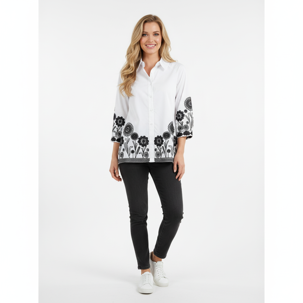 CAMISA MATCH POINT BRANCO PRETO BORDADO FLORES BARRA GOLA BOTÕES