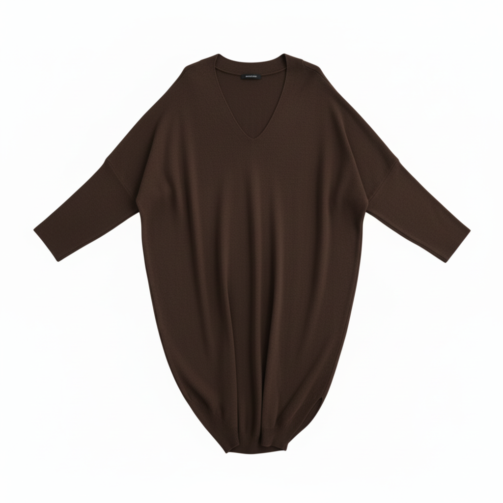 VESTIDO SINAIS VISIVEIS CASTANHO ESCURO MANGA CUMPRIDA DECOTE EM BICO
