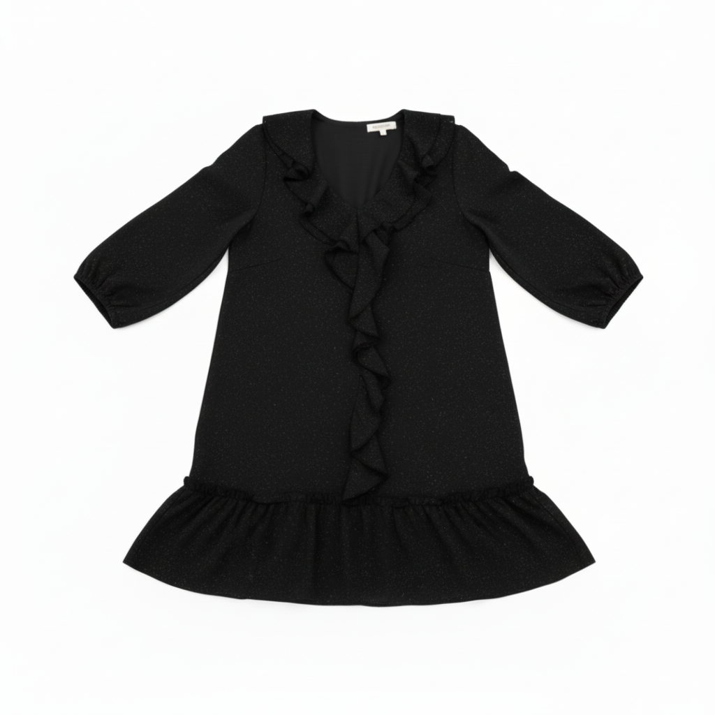 VESTIDO PRETO FESTA MANGA CUMPRIDA BRILHO BABADO FRONTAL DECOTE BARRA