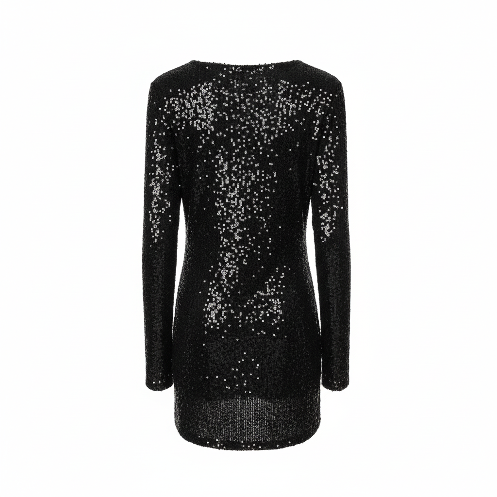 VESTIDO LINK FASHION PRETO FESTA MANGA CUMPRIDA BRILHO BABADO FRONTAL LANTEJOULAS
