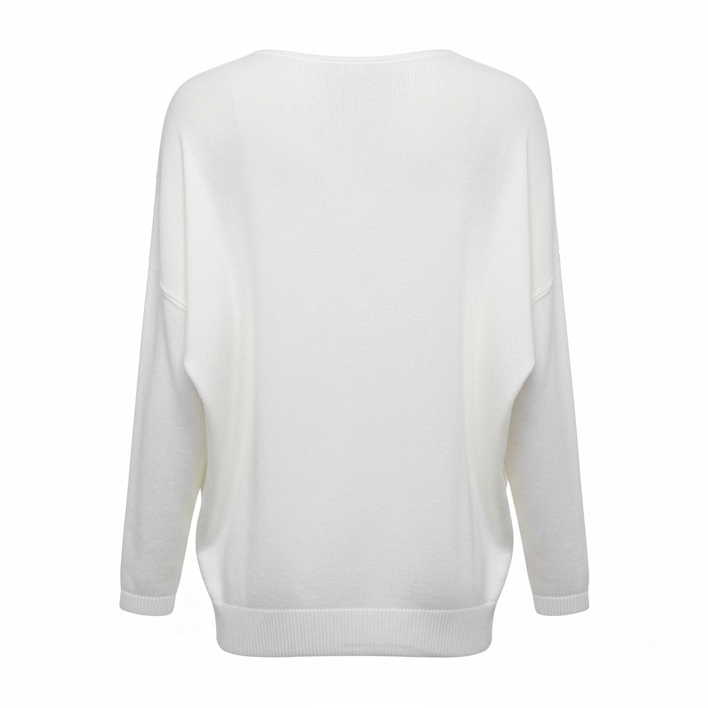 CAMISOLA VINCEOTTO BRANCO DECOTE EM BICO MANGA CUMPRIDA PUNHO E BARRA CANELADA FENDA LATERAL