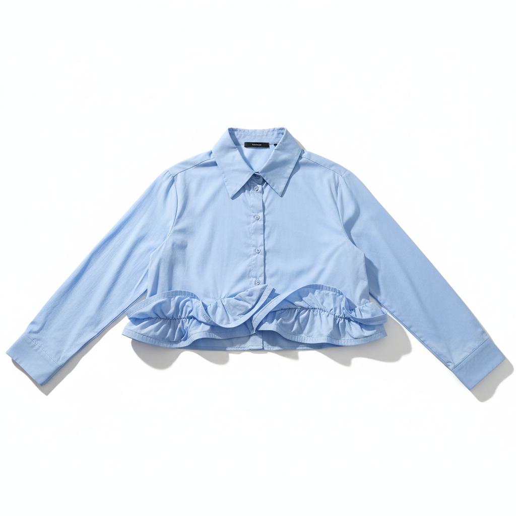 CAMISA LUMINA AZUL TOP MANGA CUMPRIDA BABADO A SIMÉTRICO BOTÕES