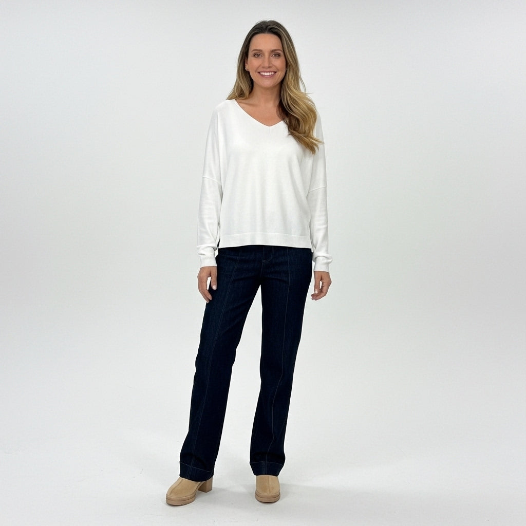 CAMISOLA VINCEOTTO BRANCO DECOTE EM BICO MANGA CUMPRIDA PUNHO E BARRA CANELADA FENDA LATERAL
