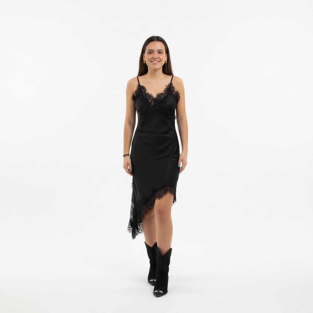 VESTIDO ELSA.M BY MAY PRETO SETIN RENDA ALÇA RENDA BARRA BICO UNILANTERAL