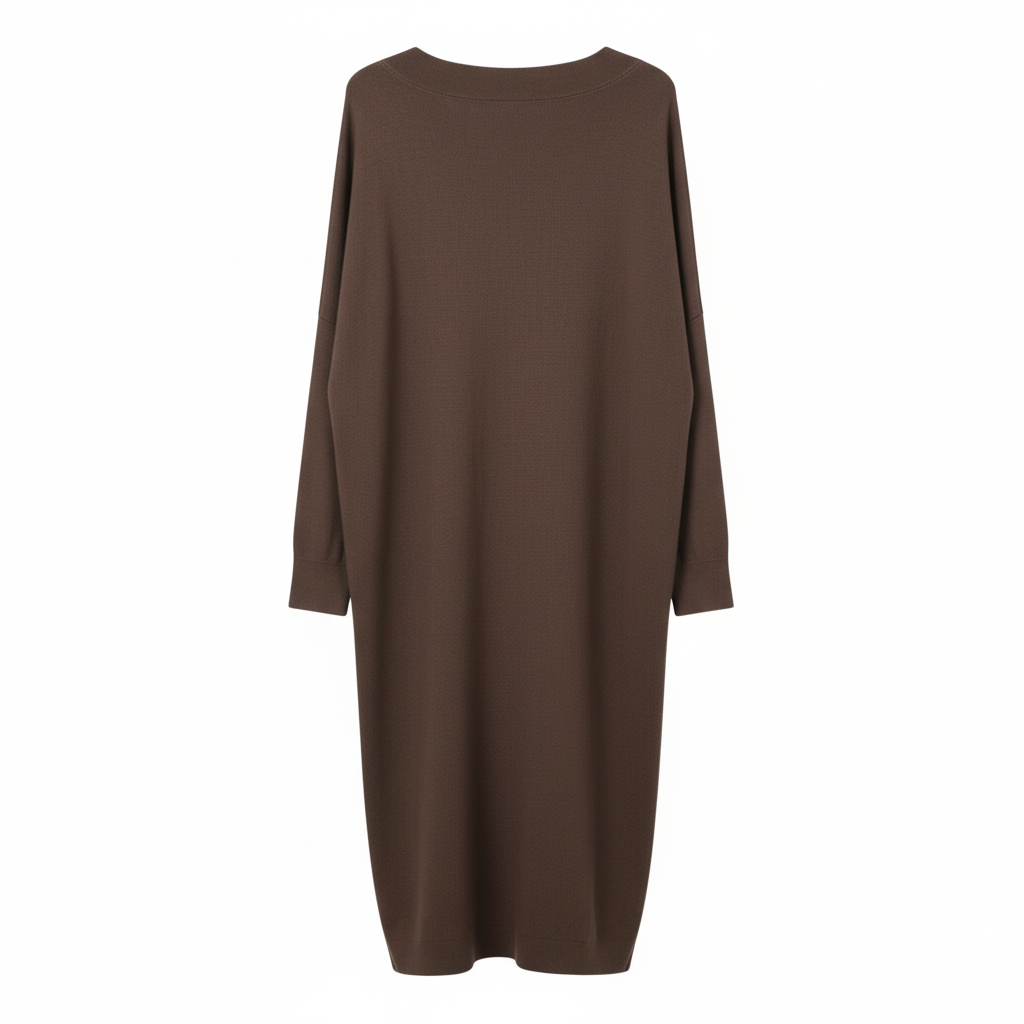 VESTIDO SINAIS VISIVEIS CASTANHO ESCURO MANGA CUMPRIDA DECOTE EM BICO