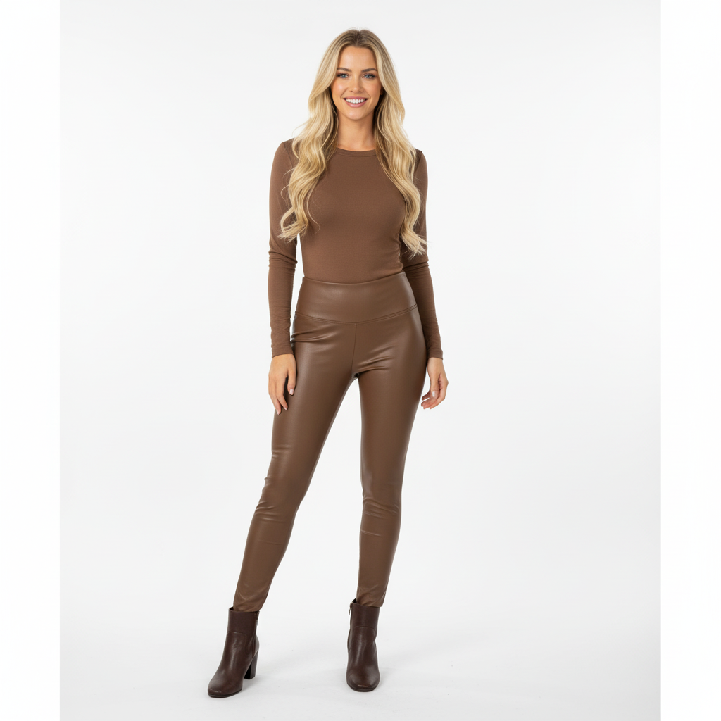 CALÇA SKINNY CASTANHO ESCURO ECO PELE ELASTICO FESTA