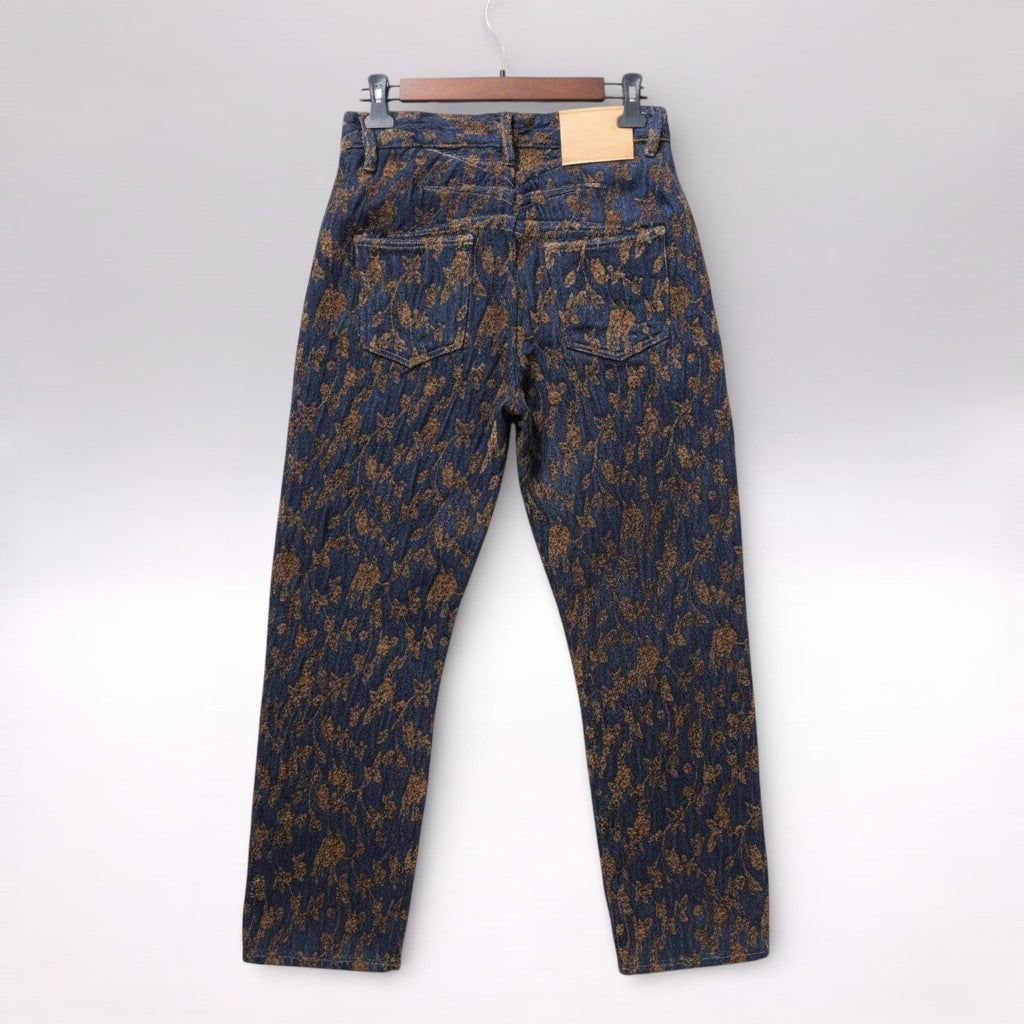CALÇA GANGA MOCHY AZUL MARINHO ESTAMPA FLORAL FLORES CASTANHO BOLSO FRONTAL E TRASEIRO