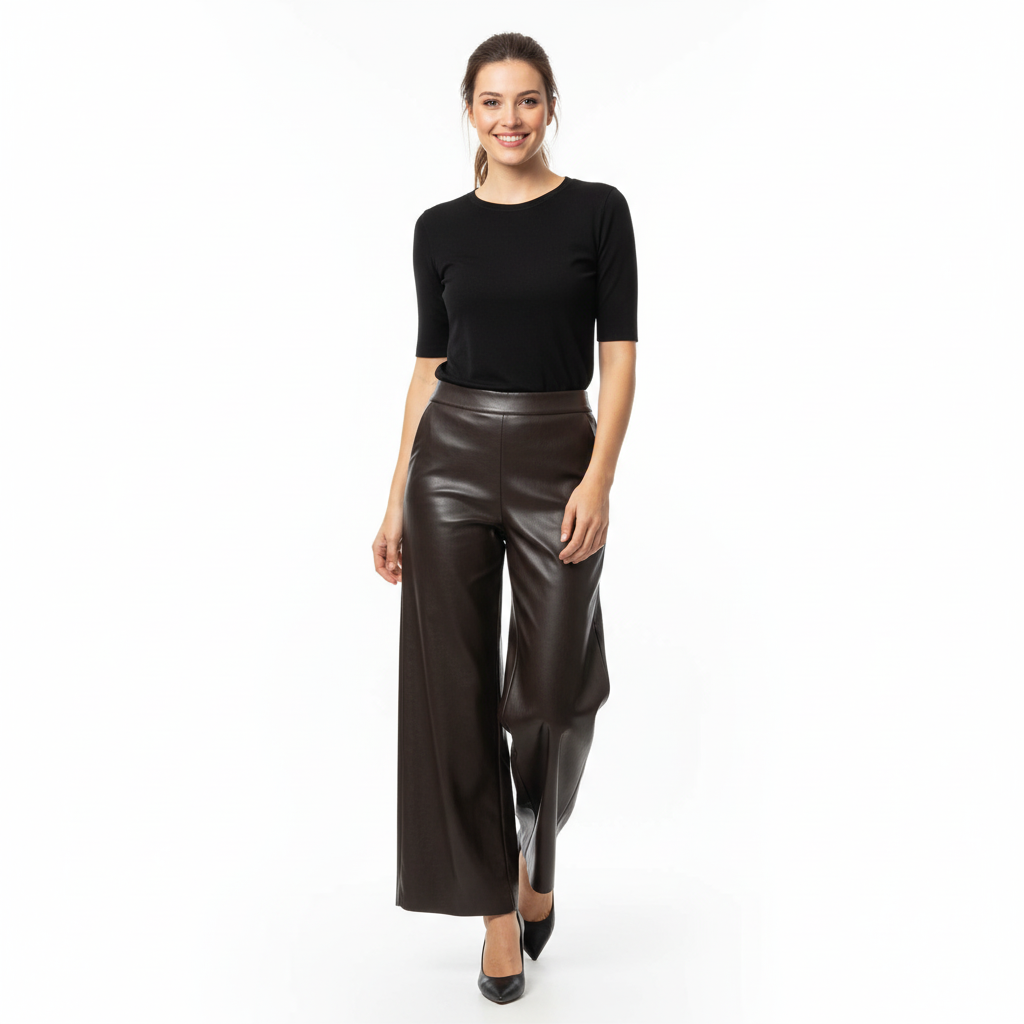 CALÇA FLAIR EGLAF CASTANHO ESCURO ECO PELE BOLSOS