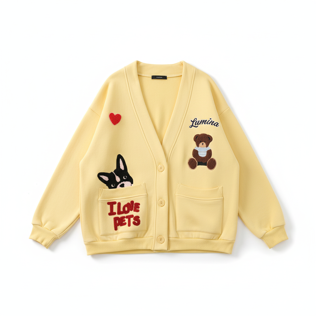 CASACO LUMINA AMARELO  MOLETON BORDADO LÃ LOGO URSO CACHORRO CORAÇÃO I LOVE PETS BOLSO FRONTAL