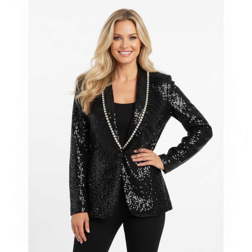 BLAZER F&P PRETO FESTA LANTEJOULA PEDRAS BRILHO PLUMASS TERNO ACINTURADO