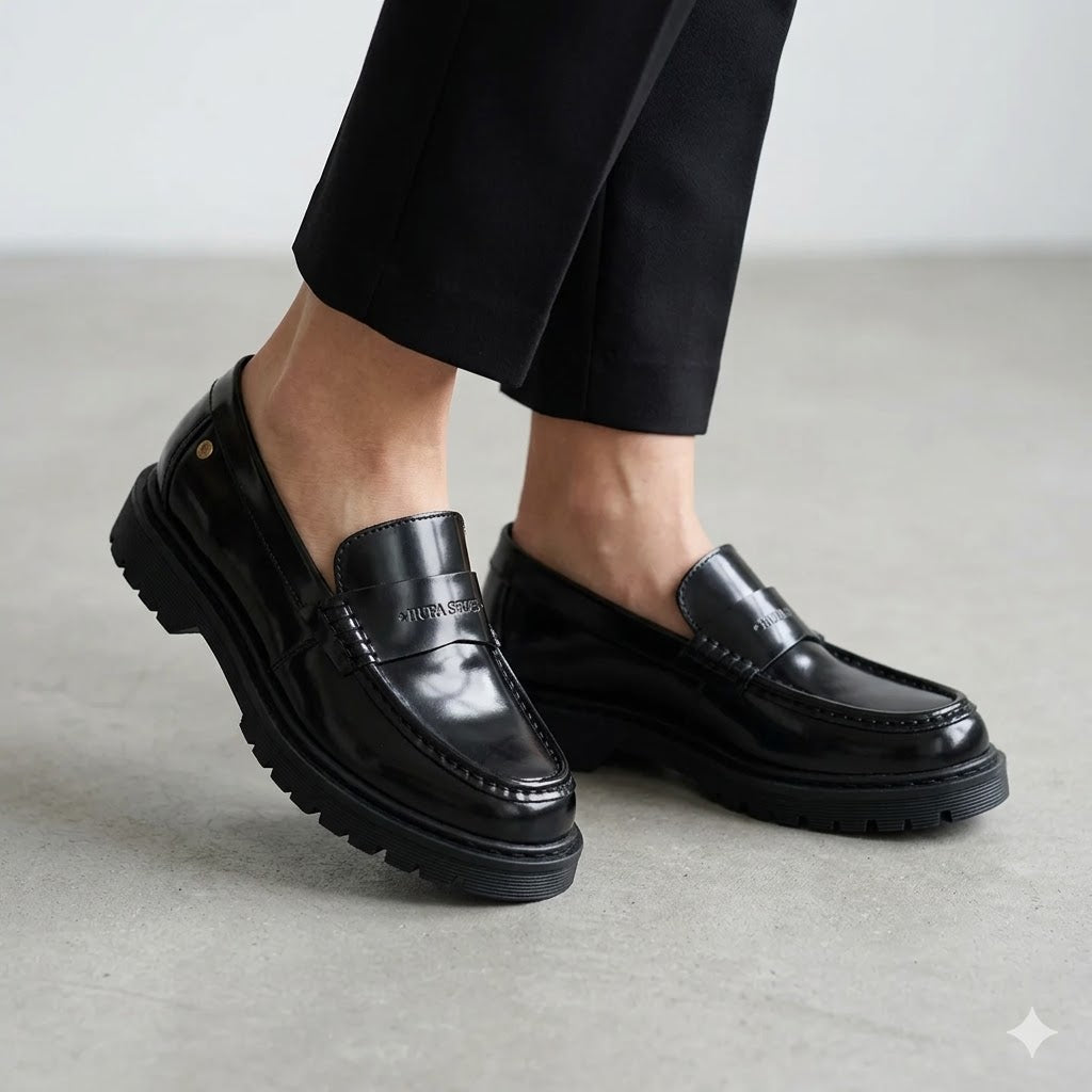 Sapato Mocassim Feminino Hupa Shoes em Pele Brilhante com Sola de Trator; Loafers Pretos Estilo Casual e Elegante de Luxo; Calçado Confortável Moda Feminina Portugal