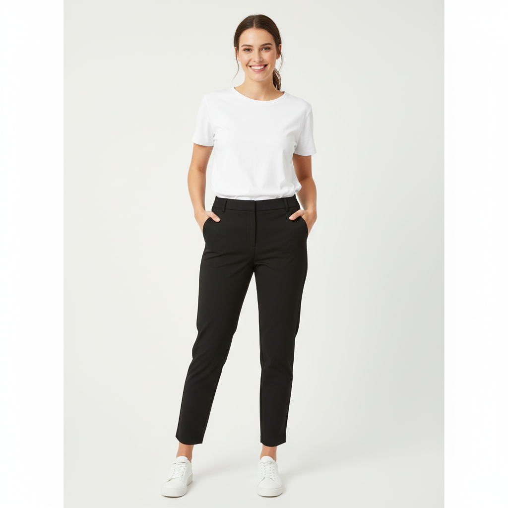 CALÇA RETA CREATIVITY PRETO CINTURA ELASTICO ZIPER PASSANTES PARA CINTO BOLSOS