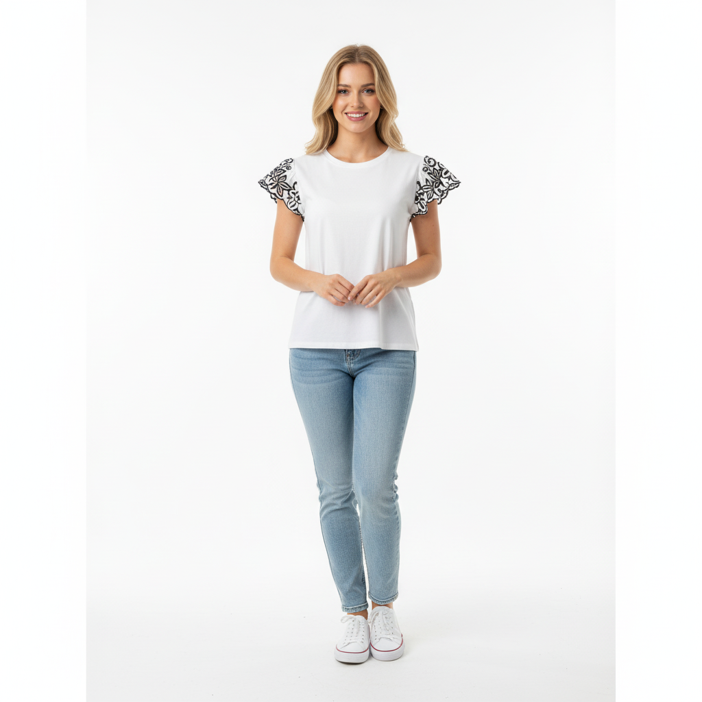 CAMISOLA UNIKA BRANCO MANGA CURTA RENDA PRETA DECOTE CANOA