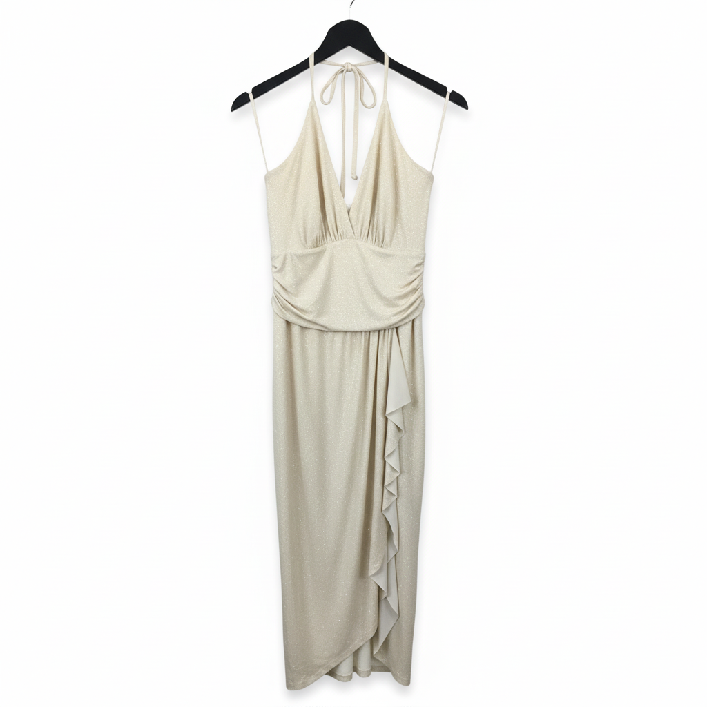 VESTIDO CREME BRILHO BABADO DECOTE TRANSPASSADO AMARRAÇÃO ZIPER