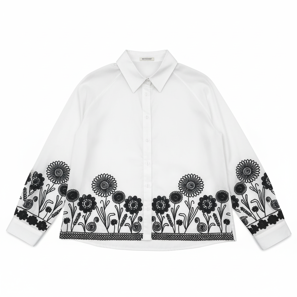 CAMISA MATCH POINT BRANCO PRETO BORDADO FLORES BARRA GOLA BOTÕES