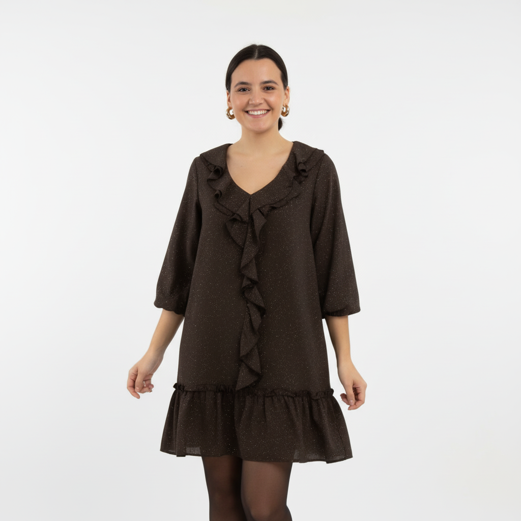 VESTIDO CASTANHO FESTA MANGA CUMPRIDA BRILHO BABADO FRONTAL DECOTE BARRA