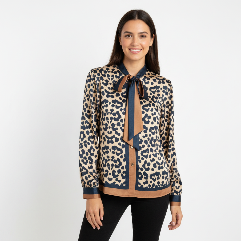 CAMISA ELLIE WHITE LEOPARDO AZUL MARINHO CASTANHO DOURADO LAÇO AMARRAÇÃO MANGA LONGA