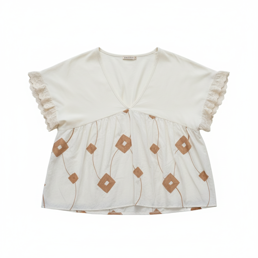 CAMISOLA Y•TWO WOMAN CREME CASTANHO BABADO RENDA MANGA CURTA BORADO GEOMETRICO DECOTE EM BICO