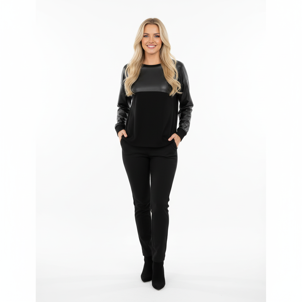 CAMISOLA AMY PRETO CAMURÇA ECO PELE BUSTO MANGA CUMPRIDA