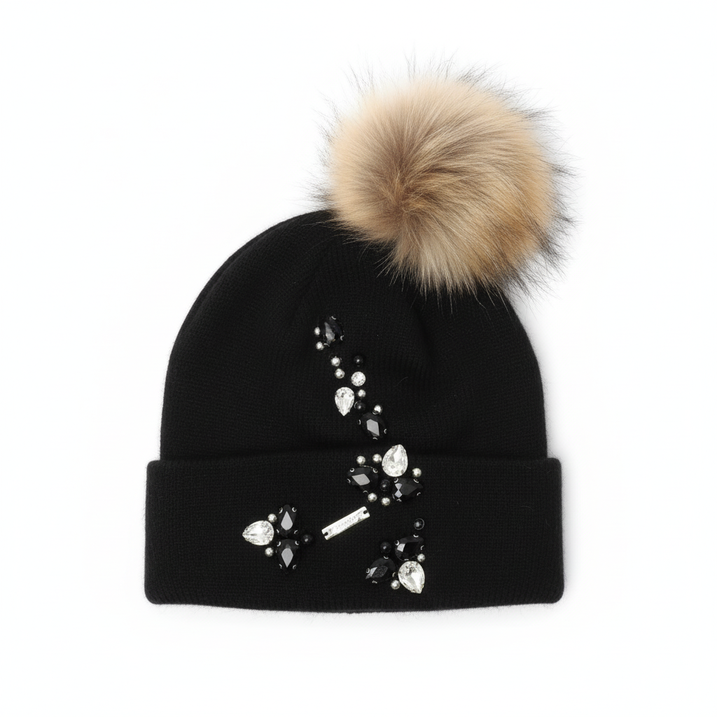 GORRO PRETO GELO POMPOM PELO CASTANHO TOUCA