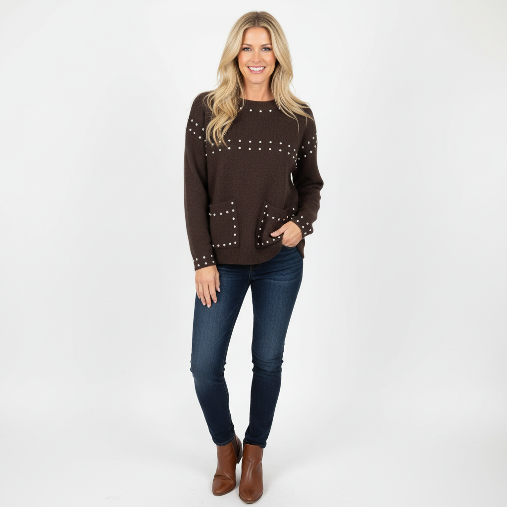 CAMISOLA AZARA CASTANHO CHOCOLATE DECOTE CANOA MANGA CUMPRIDA TAXAS BOLAS BOLSO FRONTAL