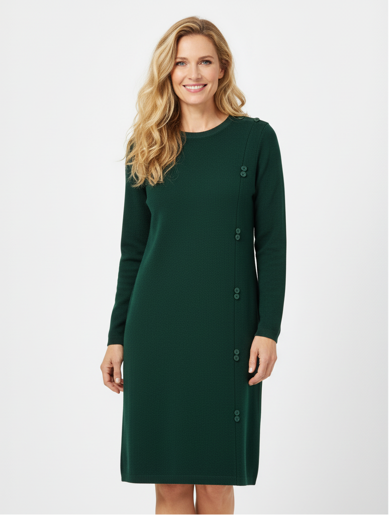 VESTIDO SINAIS VISIVEIS VERDE MANGA CUMPRIDA APLICAÇÕES BOTÕES LATERAL