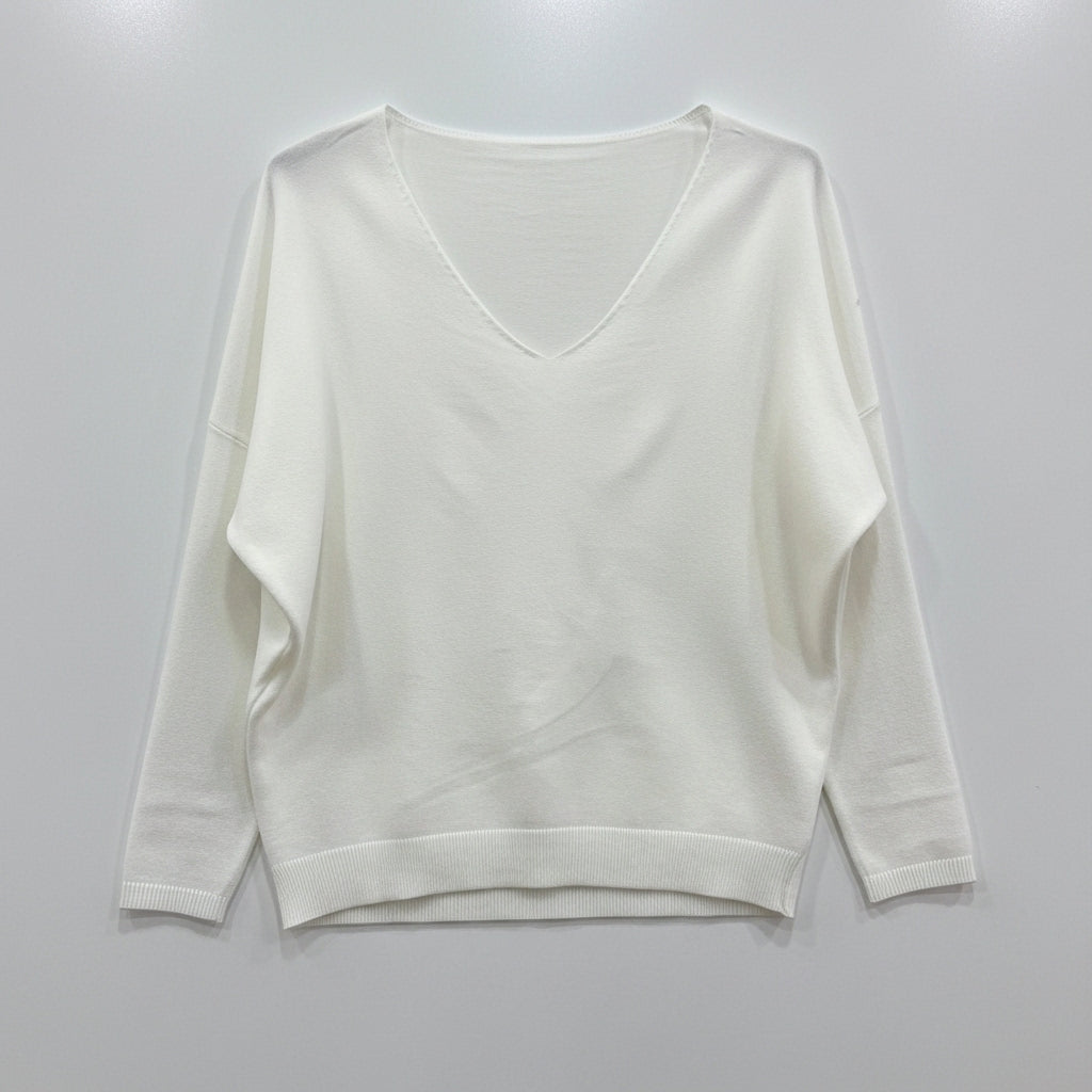CAMISOLA VINCEOTTO BRANCO DECOTE EM BICO MANGA CUMPRIDA PUNHO E BARRA CANELADA FENDA LATERAL