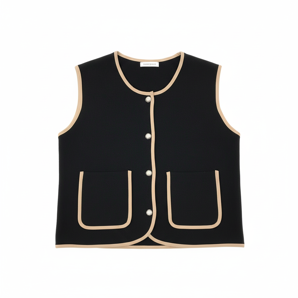 COLETE STUDIO AMOUR BEGE  PRETO BOLSO FRONTAL BOTÃO PRATA DETALHES EM ECO PELE