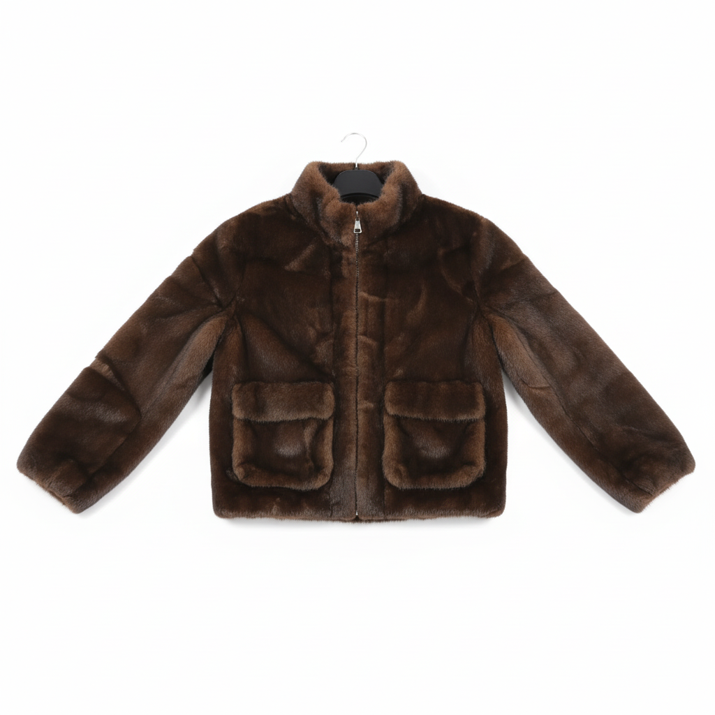 CASACO SKATIE BRAND CASTANHO ESCURO TEDDY PELUCE PELO ZIPER BOLSO FRONTAL