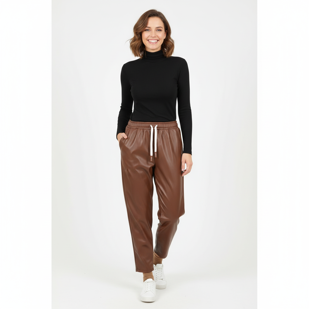CALÇA RETA CAMILLE FRANCE CASTANHO ECO PELE CINTURA ELÁSTICO REGULADOR