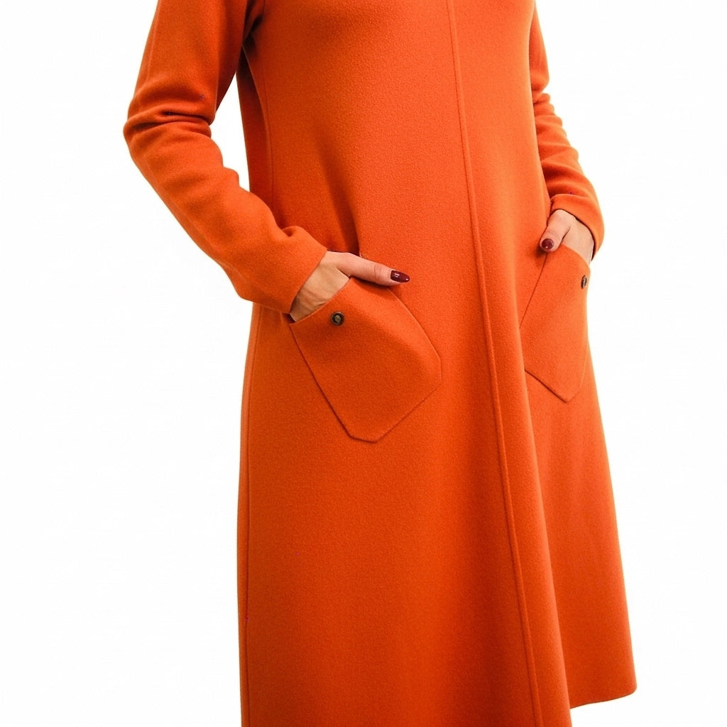 VESTIDO MAGLIFICIO ALFA LARANJA MANGA CUMPRIDA BOLSO FRONTAL CACHARREL GOLA ALTA