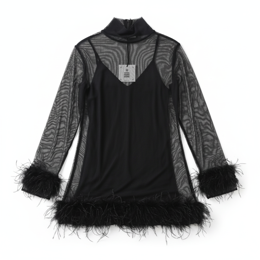 VESTIDO LUMINA PRETO MANGA CUMPRIDA APLICAÇÕES PELOS NA MANGA E BARRA