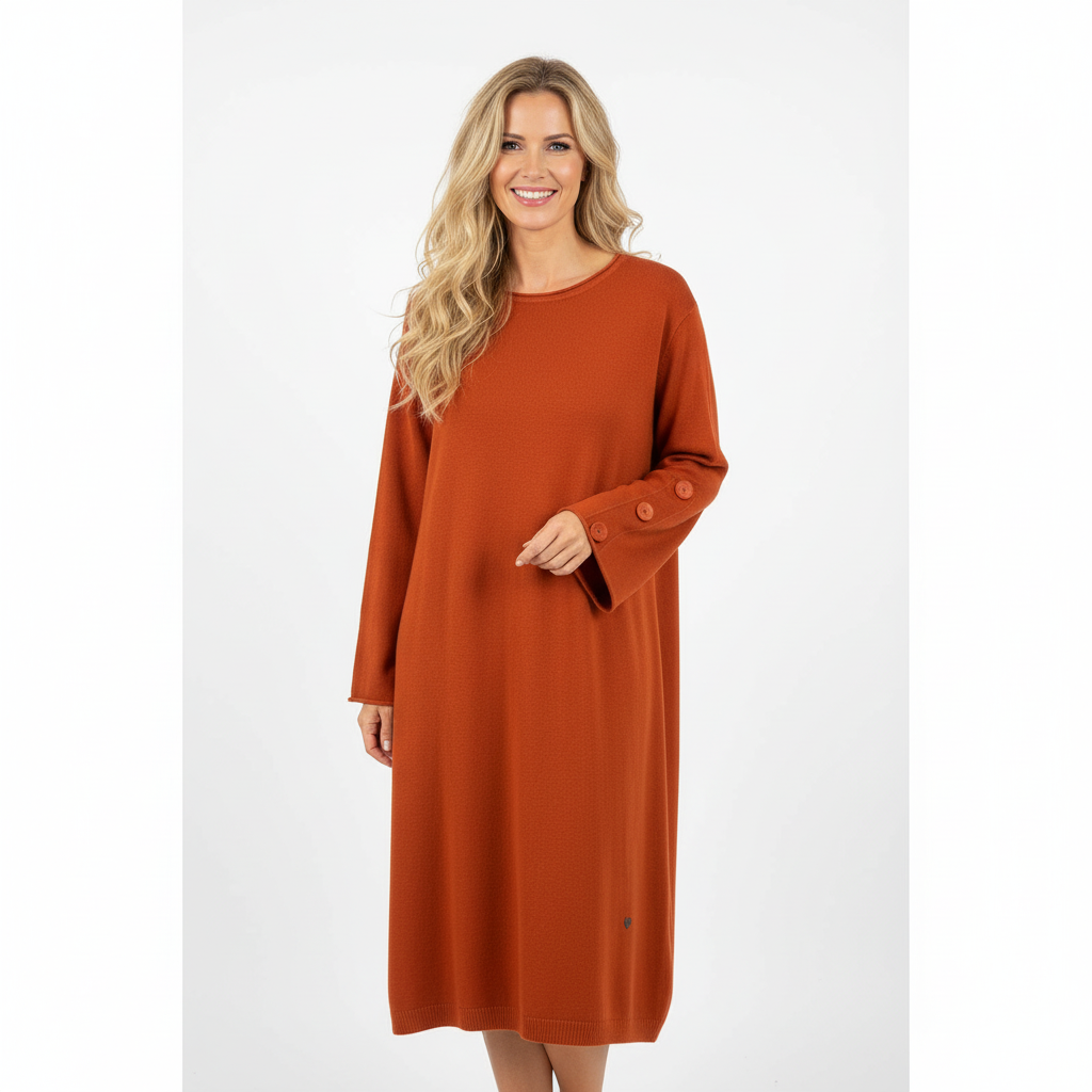 VESTIDO MAGLIFICIO ALFA LARANJA MANGA CUMPRIDA APLICAÇÕES BOTÕES NA MANGA