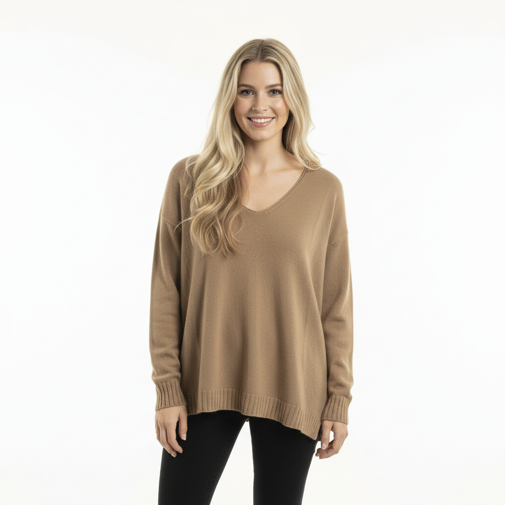 CAMISOLA 6° SHOP CASTANHO CLARO DECOTE EM BICO MANGA CUMPRIDA CANELADA FENDA LATERAL