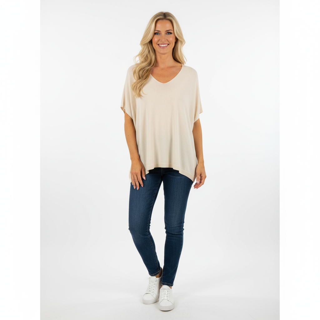 CAMISOLA CAMILLE FRANCE CREME EM BICO MANGA CURTA