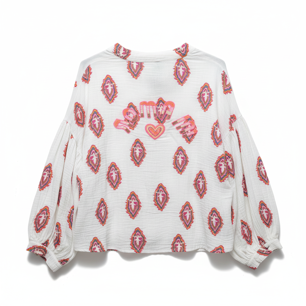CAMISOLA GOLD&SILVER BRANCO ROSA PINK AZUL LARANJA DECOTE EM BICO MANGA CUMPRIDA BORDADO MIÇANGAS MI AMOR