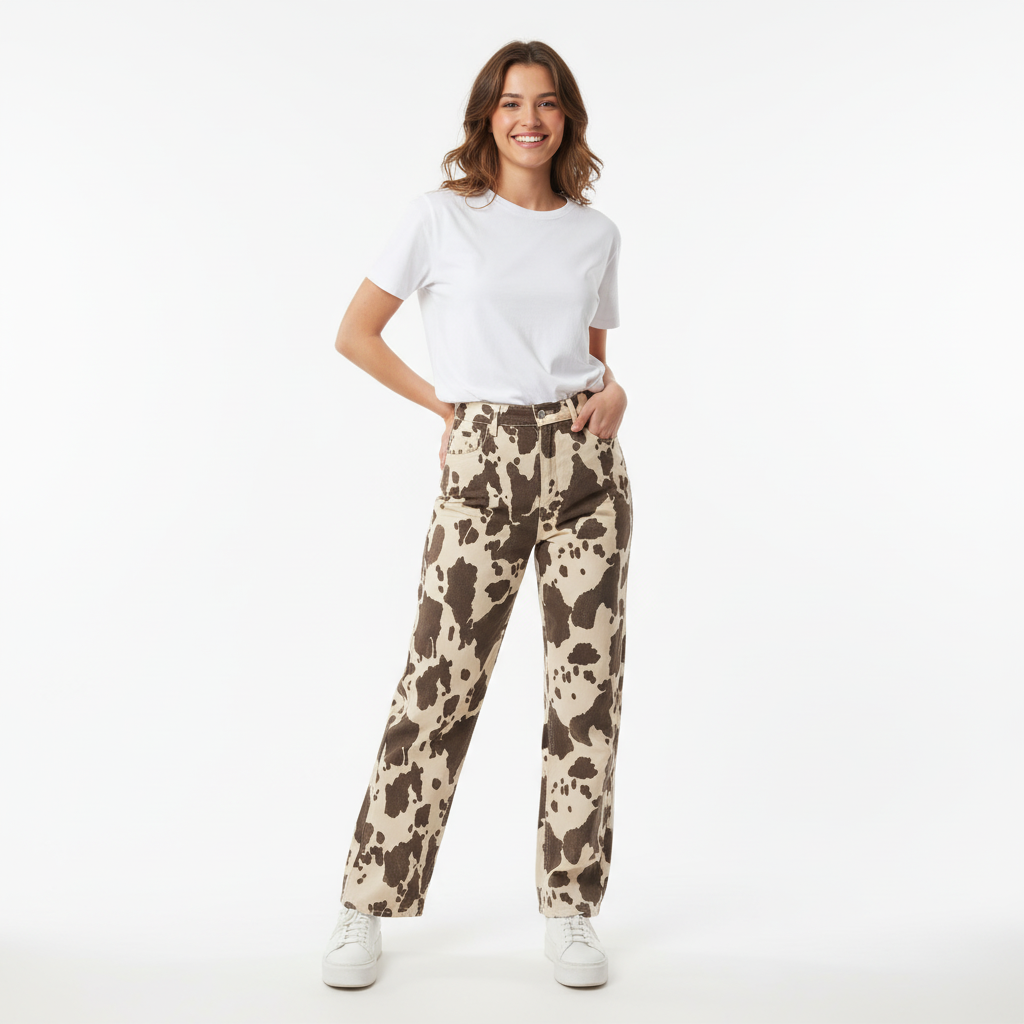 CALÇA RETA Y•TWO WOMAN VACA COW CASTANHO ESCURO E BEGE BOLSOS ZIPER