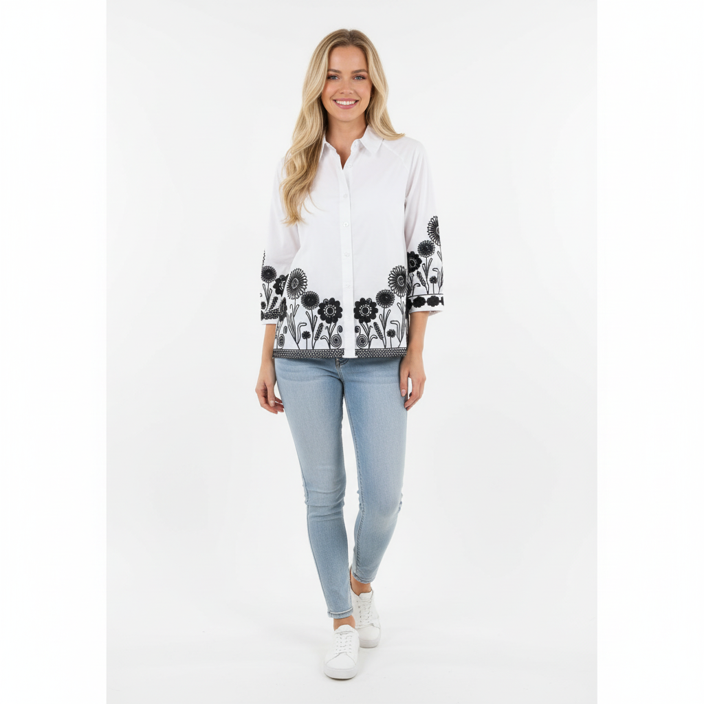 CAMISA MATCH POINT BRANCO PRETO BORDADO FLORES BARRA GOLA BOTÕES
