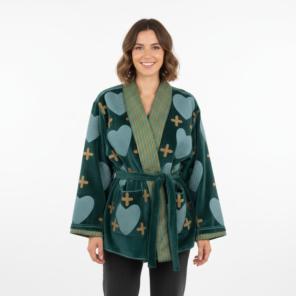 CASACO REVERSÍVEL SUMITRA VERDE ÁGUA CORAÇÕES VELUDO CINTO AMARRAÇÃO ZIPER PRATA BOLSOS FRONTAL